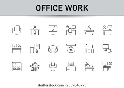 Office work and workspace icon collection. Minimalist thin line icon set. Workspace line icons set. Сhair, corporate, coworking. Simple vector illustration.