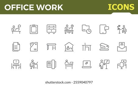 Office work and workspace icon collection. Minimalist thin line icon set. Workspace line icons set. Сhair, corporate, coworking. Simple vector illustration.