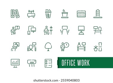 Office work and workspace icon collection. Minimalist thin line icon set. Workspace line icons set. Сhair, corporate, coworking. Simple vector illustration.