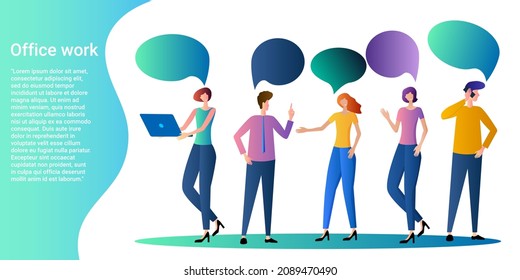 Office work.A group of workers talking to each other.Dialogues between colleagues in the workplace.Poster in business style.Flat vector illustration.