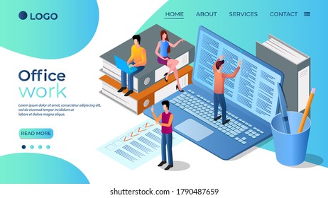 Office work.A group of office workers working in an office.Teamwork and team spirit.The concept of a friendly team.The template of the landing page.Isometric vector illustration.