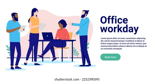 Office workday - Group of people at work in a normal day at the office. Flat design vector illustration with white background and copy space for text