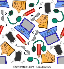 Office workday. Seamless pattern. Transparent background. Vector graphics.