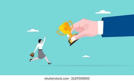 trabalhador de escritório alcançar troféu de empresário mão ilustração vetor, sucesso de negócios, conceito de realização de carreira, comemorar realização de trabalho, prêmio vencedor ou troféu sobre ilustração de trabalho