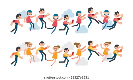 Trabajador de oficina actúa de varias maneras Muchas escenas, flotando en el aire. Ilustración del conjunto de vectores.