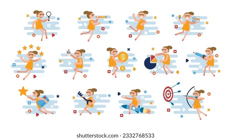 office worker act in a variety of ways Many scenes, floating in the air. Vector set illustration.