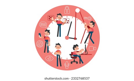 office worker act in a variety of ways Many scenes, working time circle. Vector set illustration.