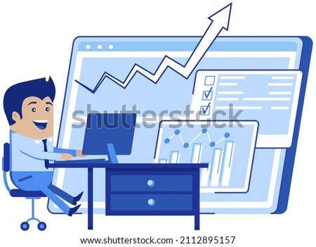 Office worker analysing digital indicators and charts. Report presentation analysis, business lecture, conference, online learning concept. Employee working with statistics, business data on computer
