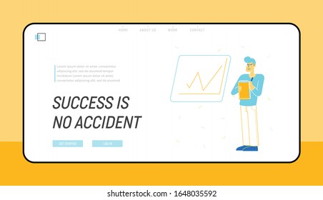 Office Worker Analysing Financial Results Website Landing Page. Business Man at Board with Rising Diagram Chart Make Notes Company Statistics Web Page Banner. Cartoon Flat Vector Illustration Line Art