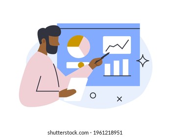 Büroassistent mit Marketing-Präsentation und Finanzdiagrammen. Standortgrafik für die Website.