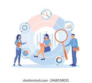 Office worker analyzes data, graphs, and charts. Create reports for presentations. Data Analysis concept. Flat vector illustration.