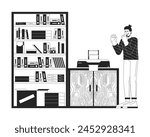 Office worker angry on printer black and white 2D line cartoon character. Employee dealing with broken device isolated vector outline person. Issues at workplace monochromatic flat spot illustration