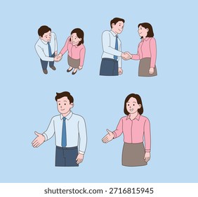 un oficinista pidiendo un apretón de manos. Ilustración de dibujo de línea simple.