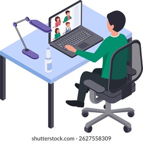 Office worker attending online meeting using laptop, communicating with colleagues via video call, working remotely from home, using video conferencing software for business communication
