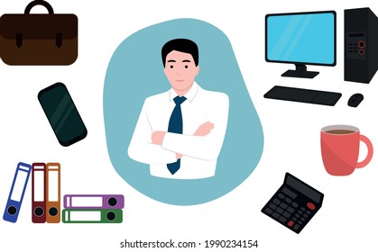 Office worker, office attributes - computer, phone, calculator, document folders, coffee mug, business case. Vector graphics, vector design of office worker and office attributes.
