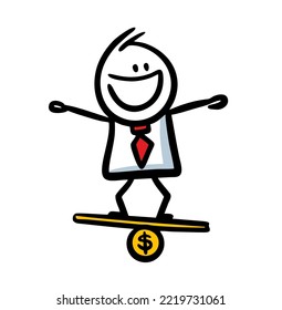 Office worker balancing on the board in costume and red tie. Vector concept illustration of businesslife with dollar.