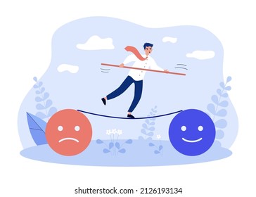 Trabajador de oficina equilibrando la cuerda entre buen y mal humor. Hombre controlando las emociones ilustración plana vectorial. Salud mental, armonía, concepto de psicología para banner, diseño de sitios web o página web de inicio