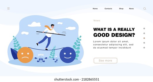 Office Worker Balancing On Rope Between Good And Bad Mood. Man Controlling Emotions Flat Vector Illustration. Mental Health, Harmony, Psychology Concept For Banner, Website Design Or Landing Web Page