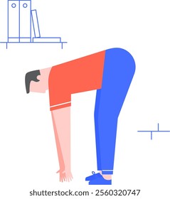 Office worker bending over and touching toes, stretching back and legs to enhance workplace wellness and flexibility, promoting a healthier, more active lifestyle during desk jobs