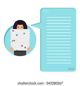 Office worker with big stack of paper. She has a lot of work. All hands' job illustration. Thinking list. Template or blank with job concept. Vector