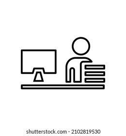 Office worker black outline icon. Computer work concept. Freelance. Distance working on laptop. Flat isolated symbol, sign for illustration, logo, app, banner, web design, dev, ui, gui. Vector EPS 10