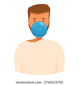 Office worker blowing a big blue bubble gum bubble, enjoying a moment of relaxation and fun