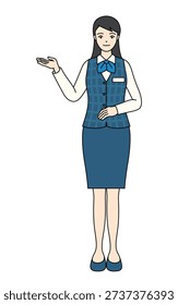 Office worker in blue plaid vest and skirt making a presentation
