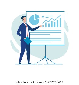 Office Worker in Blue Smart Suit, Presenting Current State of Affairs Report, Containing Pie Diagrams and Column Graphs, Explaining Points at Issue, Clarifying Them and Illustrating by Examples