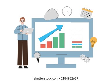 Office Worker in Blue Smart Suit, Presenting Current State of Affairs Report, Containing Pie Diagrams and Column Graphs, Explaining Points at Issue, Clarifying Them and Illustrating by Examples
