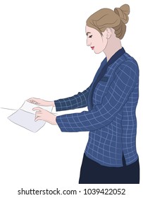 Office worker in blue suit on white background reading document