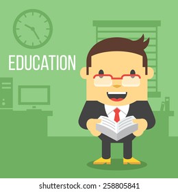 Office worker with book. Education concept. Creative office background. Flat style design vector illustration.