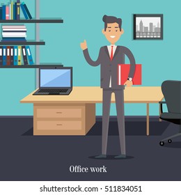 Office worker in boss cabinet. Male character cartoon in flat style. Young smiling man standing with book in hands. Office worker, assistant illustration for educational business concept, infographics