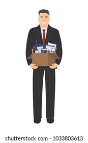 Office worker with a box of stationery in the hands. Smiling young man holding office supplies. Concept: the employee received a new job. Vector illustration on a white background