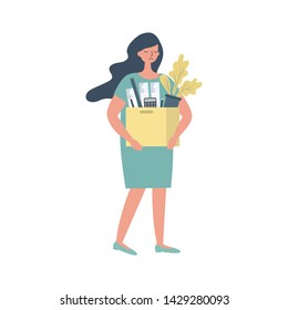 Office worker with a box of stationery in the hands. Sad young woman holding office supplies. Concept: employee was fired, lost his job. Funky flat style. Vector illustration