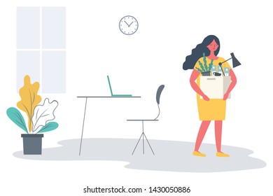 Office worker with a box of stationery in the hands. Sad young woman holding office supplies. Concept: employee was fired, lost his job. Funky flat style. Vector illustration