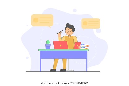 Office worker brainstorming in front of laptop and tablet. Conceptual flat illustration.