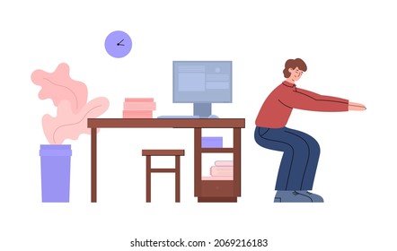 Office worker breaks work for sport workout and relax. Man exercising at workplace and doing squats, flat cartoon vector illustration isolated on white background.