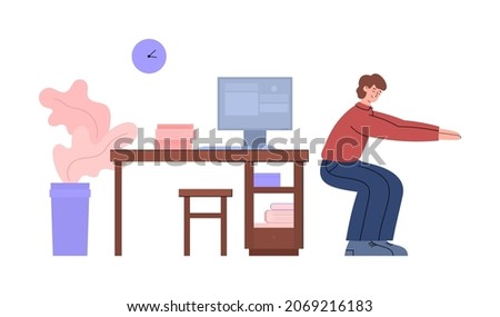 Office worker breaks work for sport workout and relax. Man exercising at workplace and doing squats, flat cartoon vector illustration isolated on white background.