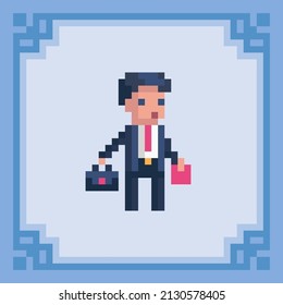 Office Worker With A Briefcase. Pixel Art Character. Vector Illustration In 8 Bit Style