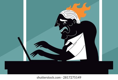 office worker with burnout whose head is on fire