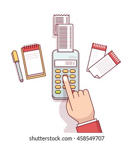 Office worker business clerk making expense calculations. Sitting at the desk with receipt printer and writing to a note book. Flat style thin line vector illustration isolated on white background.