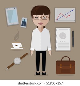 Office worker and business things, accessories set. Businesswoman