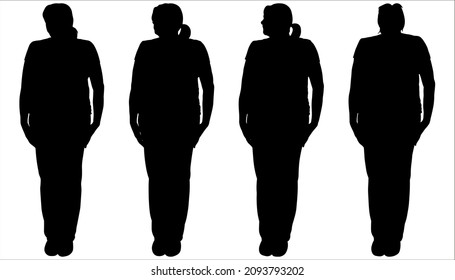 An office worker in a business trouser suit. Woman silhouette in black isolated on white background. Four women stand in one line. Front view. A group of people looking in different directions, around