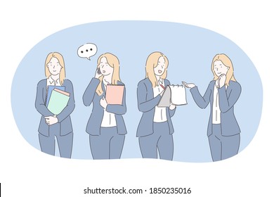 Office worker, business woman, secretary concept. Young woman office worker in official clothing cartoon character communicating on phone, checking calendar, carrying documents in office illustration 