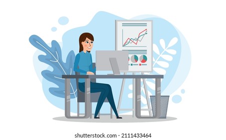 Office worker. A business woman sits at a table and works on a computer. Flat vector concept illustration isolated on white.