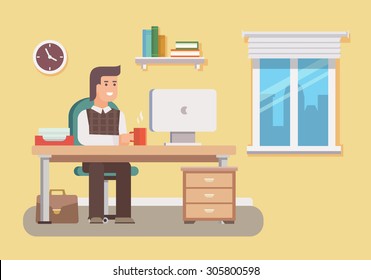 Office worker. Business work, desk and workplace, employee man, businessman, workflow and workspace. Flat vector illustration