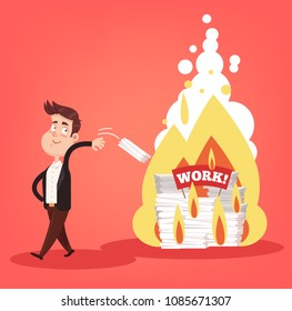 Office worker businessman character throw in fire paper work documents. Secret privet information destroying concept elements. Vector flat cartoon design graphic isolated illustration