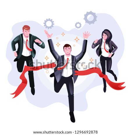 Office worker businessman character winner crossing finish line. Team competition corporate concept. Vector flat cartoon graphic design illustration