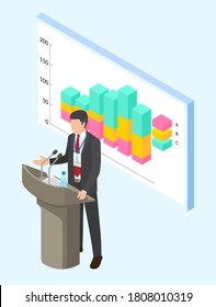 Office worker businessman in costume stand near board with visual presentation, growing graphic. Coacher, trainer, speaker talking at microphone at stand. Web analytics, analysing business statistics