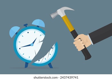 Office worker or businessman hand smashes alarm clock using hammer. Burnout at work. Business stress, deadline. Dissatisfaction with work. Bad time management. Last call, final countdown. Flat Vector